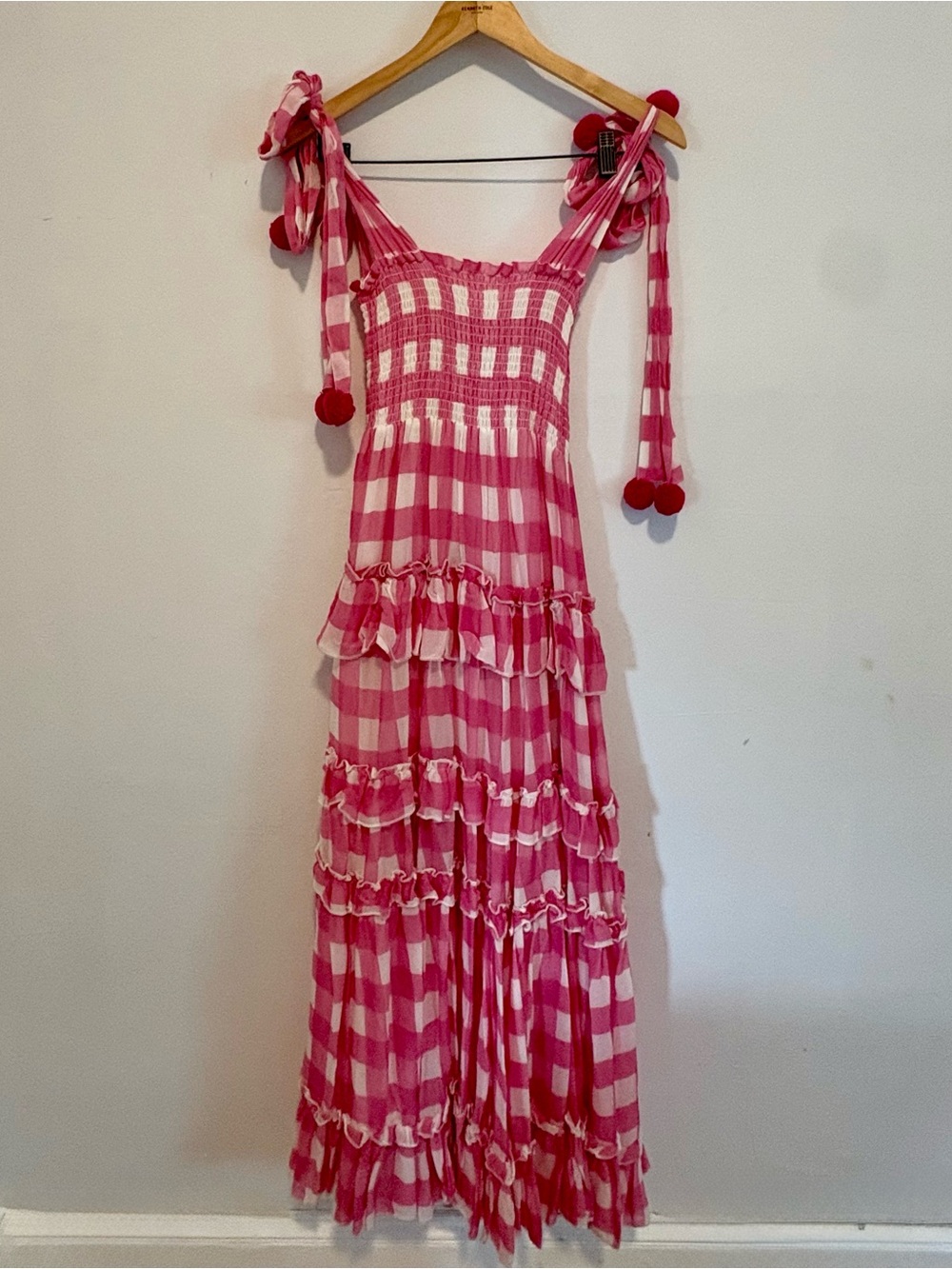 Pink Gingham Tie-Shoulder Maxi Dress with Ruffle Tiers